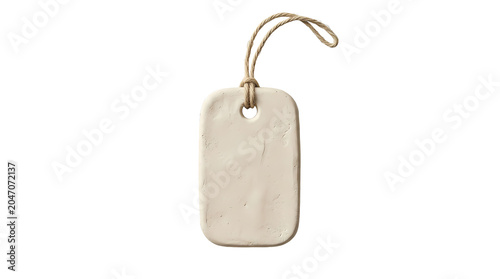 Blank beige clay tag with string isolated on white background