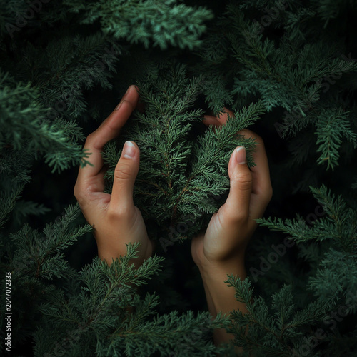 Person hands gently touching lush green pine tree foliage expressing connection with nature connection woodland outdoors evergreen environment