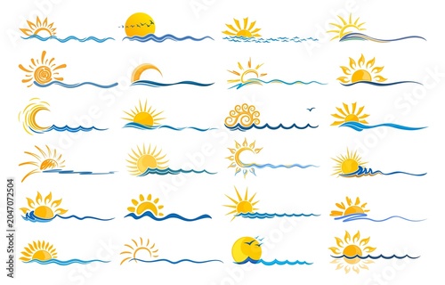 Big set of sun and sea logos.