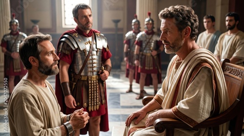 Saint Paul the apostle in chains standing before the Roman governor Felix during his trial. Christian biblical scene representing historical faith trial and ancient roman judgment court.