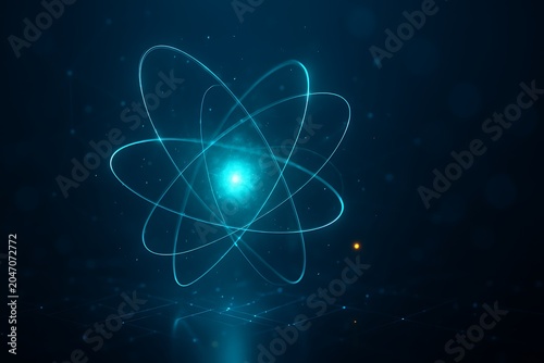 Futuristic Atomic Structure Visualization with Glowing Energy Core Representing Quantum Physics, Science Innovation and Technological Advancement