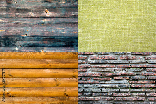 Detailed texture pack 4 in 1: old blue and red painted vintage wooden wall, old olive color cloth, log house beech wood, red and blue marble stone brick wall