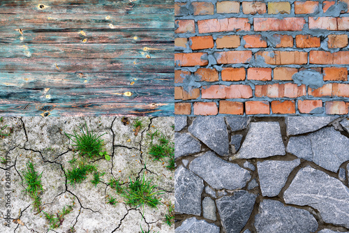 Detailed texture pack 4 in 1: old blue and yellow painted vintage wooden wall, fresh red clay brickwork, grey withered earth with cracks and green grass, old wall of blue stones