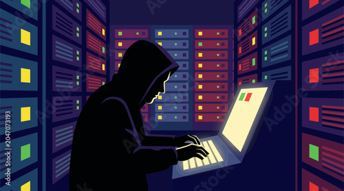 Photos Hacker Silhouette Typing in Dark Server Room
