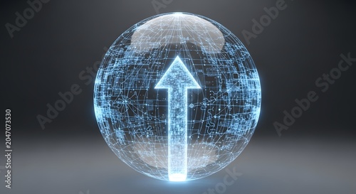 Futuristic digital arrow inside glass sphere, glowing growth icon on dark background