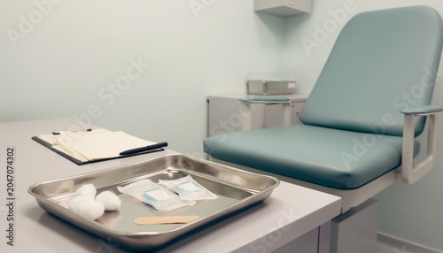 Empty vaccination exam room with prepared medical tray