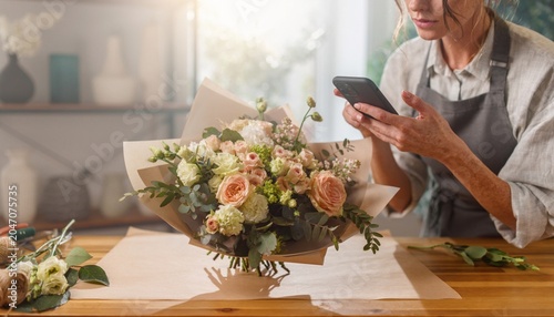 Florist using smartphone while arranging bouquet