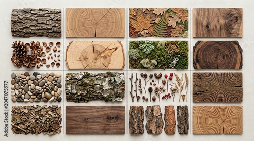 Collection of Natural Wood and Bark Samples with Pinecones and Moss for Nature Decor or Craft Projects