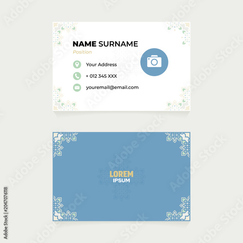 Elegant Islamic business card template with blue arabesque pattern