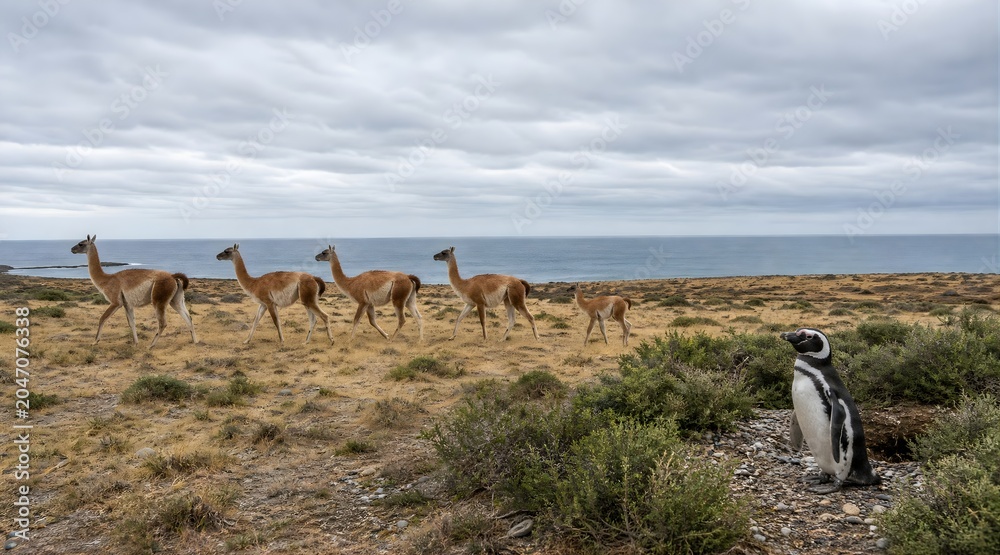 Fototapeta premium Magellanic penguin standing in Patagonia with guanacos walking in the background.