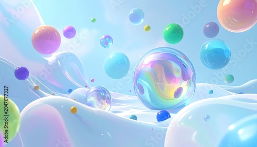 Iridescent Bubbles Floating in Dreamy Pastel Landscape