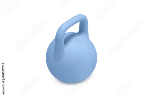 Fotografie Blue kettlebell on white backdrop with soft shadow, matte finish and ergonomic h