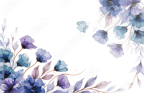 

An abstract blue background with flowers featuring a shiny purple amethyst crystal gem, macro gemstone mineral texture, and white isolated quartz rock elements