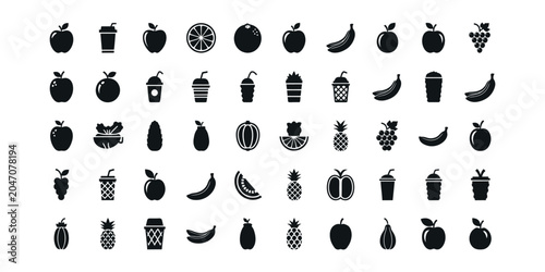 Comprehensive collection of fruit and smoothie beverage icons set, minimalist black silhouette symbols including apple, banana, pineapple, and cups for organic food and wellness design.
