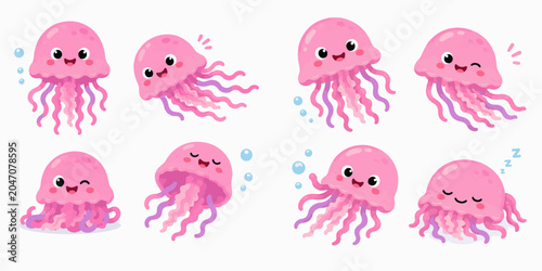 Cute Pink Jellyfish Cartoon Collection with Different Expressions, Kawaii Sea Creature Characters and Adorable Marine Life Illustrations