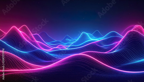 Abstract Neon Landscape of Glowing Digital Mountains and Stars