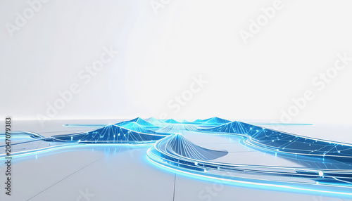 Futuristic Blue Digital Landscape with Networked Mountains and Grid