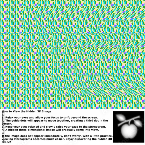 Photography Hidden 3D image of an apple on a branch with viewing instructions