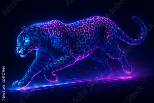 Cyberpunk Style Leopard Sprinting with Luminous Neon Fur and Motion Light Streaks Symbolizing Power Speed and Agility
