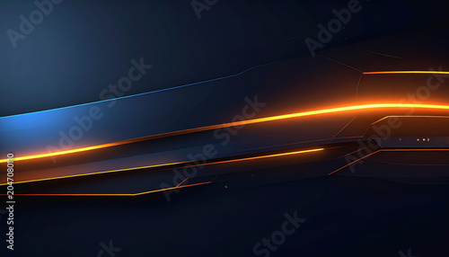 Dark Abstract Background with Glowing Orange and Blue Light Lines and Geometric Shapes