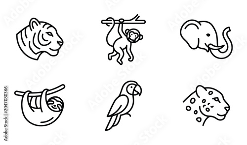 Photography Jungle Animals Vector Icons: Tiger, Monkey, Elephant, Sloth, Parrot, Leopard Set
