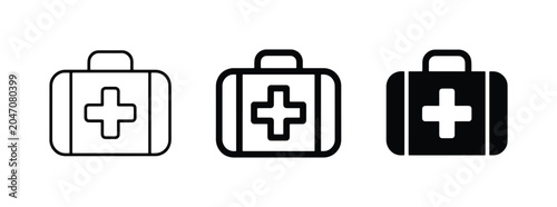 Medical First Aid Kit Icons, Healthcare Bag Symbols, Emergency Aid Box Graphics