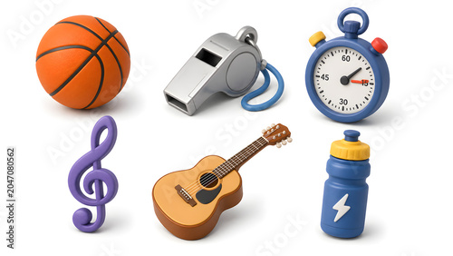 3D school sports and music extracurricular icon set isolated on white background. Activities collection with basketball, whistle, stopwatch, treble clef, acoustic guitar, and water bottle. Claymorphis