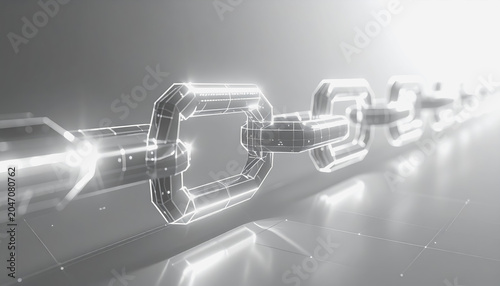 Abstract glowing white chain links with digital circuits and light effects