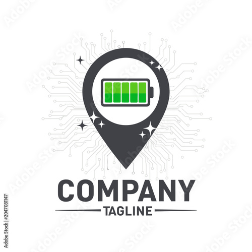 Battery charging pin location icon with circuit lines.