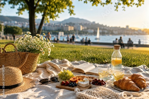 A cozy picnic blanket with a straw hat, flowers in a basket, croissants, fruits, cheese, and lemon water in a bottle. Sunny park background with trees, blurred people, sea, and a sailboat. Perfect for