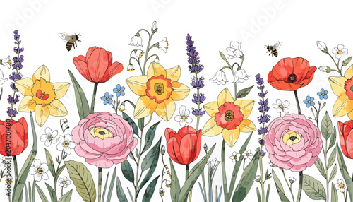 

Vector illustration of red and yellow tulip flowers blooming in a beautiful spring nature garden meadow