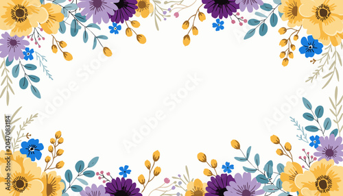 

Abstract floral background with colorful flowers and daisies creates a vibrant spring nature frame border design for a summer card illustration