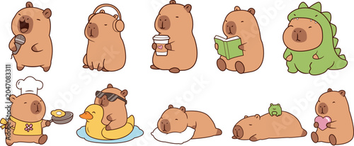 Cute Capybara Cartoon Characters Collection Funny Animal Vector Illustration Set