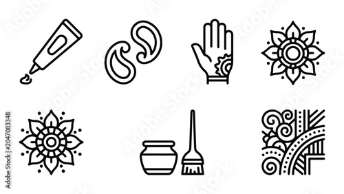 Fotografía Henna Tattoo Icons, Mehndi Design Elements, Body Art Symbols, Indian Culture Vec