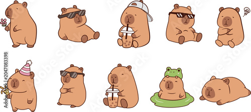 Cute Capybara Cartoon Characters Collection Funny Animal Vector Illustration Set