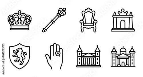 Fotografie Royal Icons Set: Crown, Scepter, Throne, Palace, Shield, Ring, Buildings
