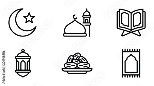 Canvas Print Islamic Icons Set: Crescent Moon, Mosque, Quran, Lantern, Dates, Prayer Mat - Ve