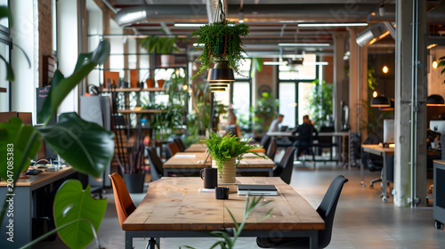 A horizontal shot of a bright and modern open plan office space featuring rows of wooden desks, comfortable chairs, and abundant green indoor plants, creating a refreshing and eco-friendly workspace