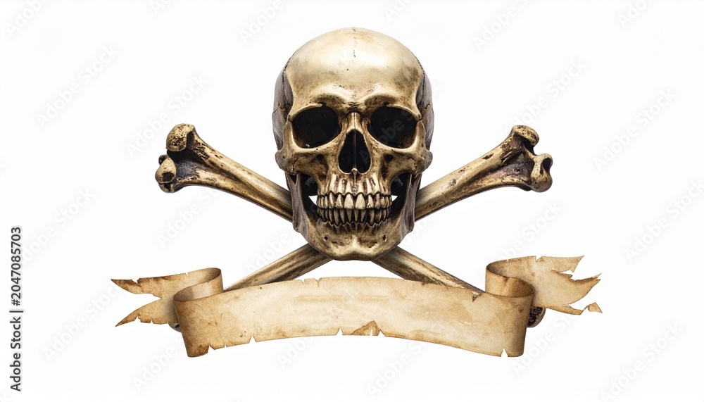 Fototapeta premium A detailed illustration of a human skull and crossed bones with a blank aged parchment scroll isolated on a clean white background for design.