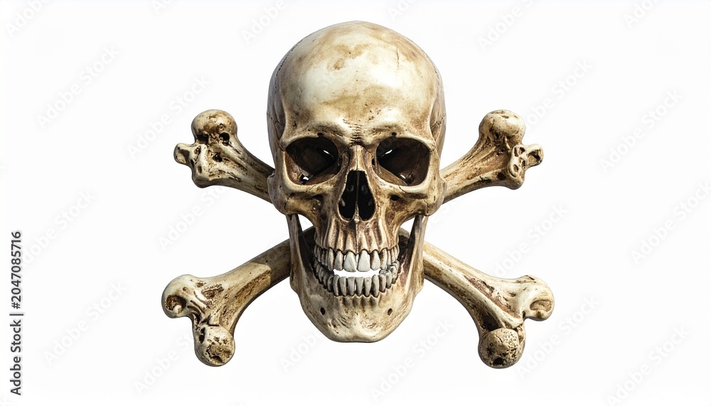 Fototapeta premium Realistic human skull with crossed bones isolated on white background representing danger death mortality and pirate symbol theme design.