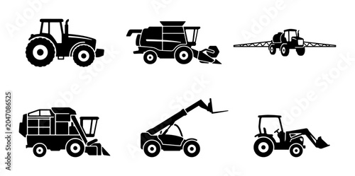 Schilderij op canvas Agricultural Machinery Icons: Tractors, Harvesters, Sprayers, Loaders, Vector Se