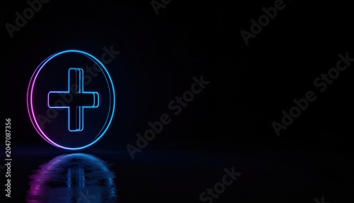 Neon Plus Symbol in Circle Glowing on Black Background with Reflection