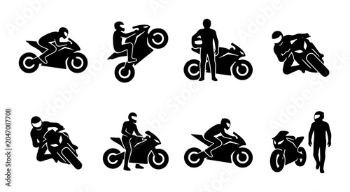Foto Motorcycle Icons Set: Rider Silhouettes, Action Poses, Sportbike Graphics, Vecto