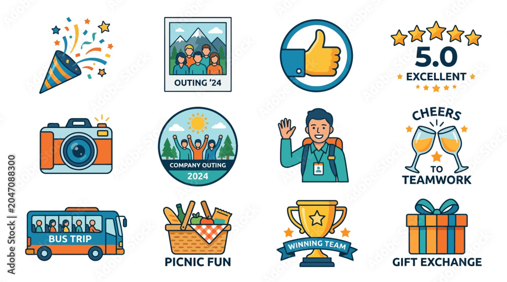 Fototapeta premium Company Outing Celebration Vector Bundle, Post Event Feedback Set, Corporate Reward Asset Collection