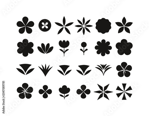 

A black and white flower icons set featuring vector floral patterns, elegant leaf silhouettes, and nature ornaments for decoration, tattoo art, and design elements