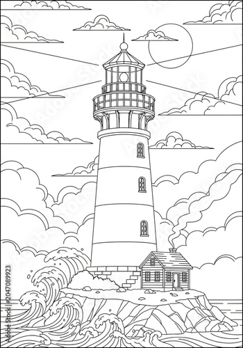 Sketch of lighthouse on rocky coastline