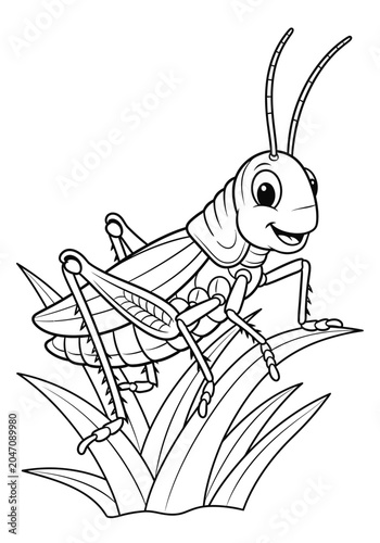 Cartoon grasshopper sitting on green leaves