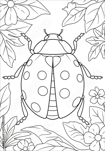 Cute ladybug illustration on green leaves