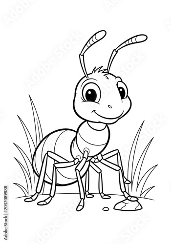Cute cartoon ant with antennae on grass