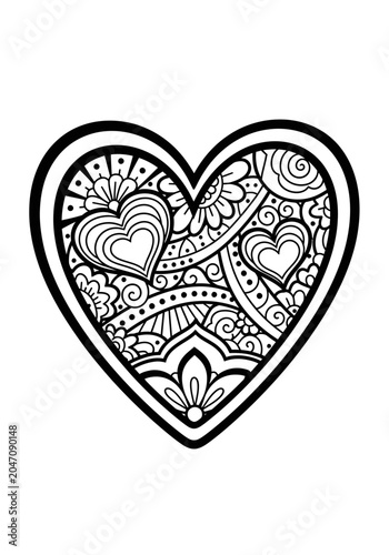 Black and white heart with intricate swirl designs